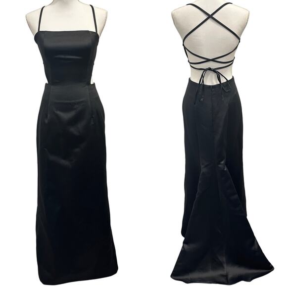 Jessica McClintock Gunne Sax 90s Black Satin Backless Gown W/ Train Glam Party - Picture 1 of 11